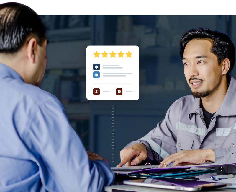 Auto shop owner speaking with happy customer using RO Writer auto shop software